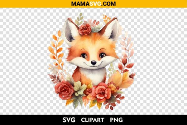 Free Watercolor Floral Baby Fox Clipart