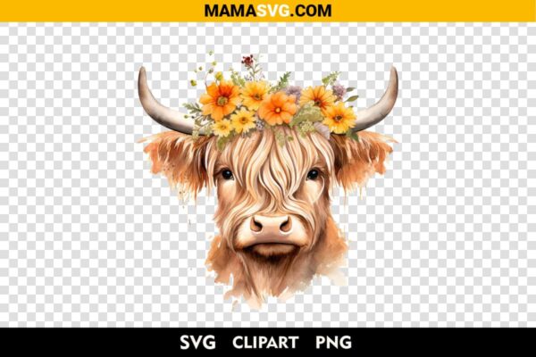 Highland Cow With Flower Crown Clipart Free