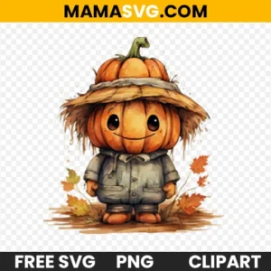 Watercolor Scarecrow Pumpkin in Straw Hat Clipart