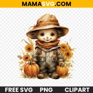 Free Watercolor Scarecrow Clipart with Pumpkins and Sunflower