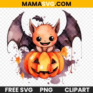 Adorable Baby Bat With Jack-O-Lantern Watercolor Clipart