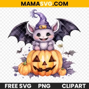 Free Purple Baby Bat Resting On Scary Pumpkin Watercolor Clipart