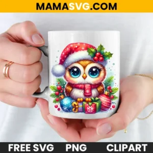 Merry Christmas with Watercolor Cute Owl Wearing Santa Hat: Royalty-Free PNG