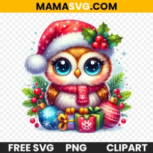 Merry Christmas with Watercolor Cute Owl Wearing Santa Hat: Royalty-Free PNG