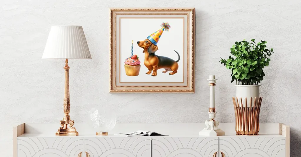 Dachshund wearing a long party hat clipart on photo frame