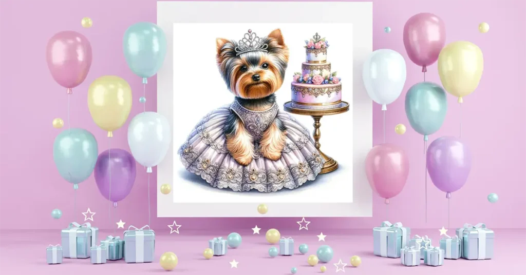 Yorkshire Terrier dressed in a fancy party dress with a tiara clipart Party Decoration